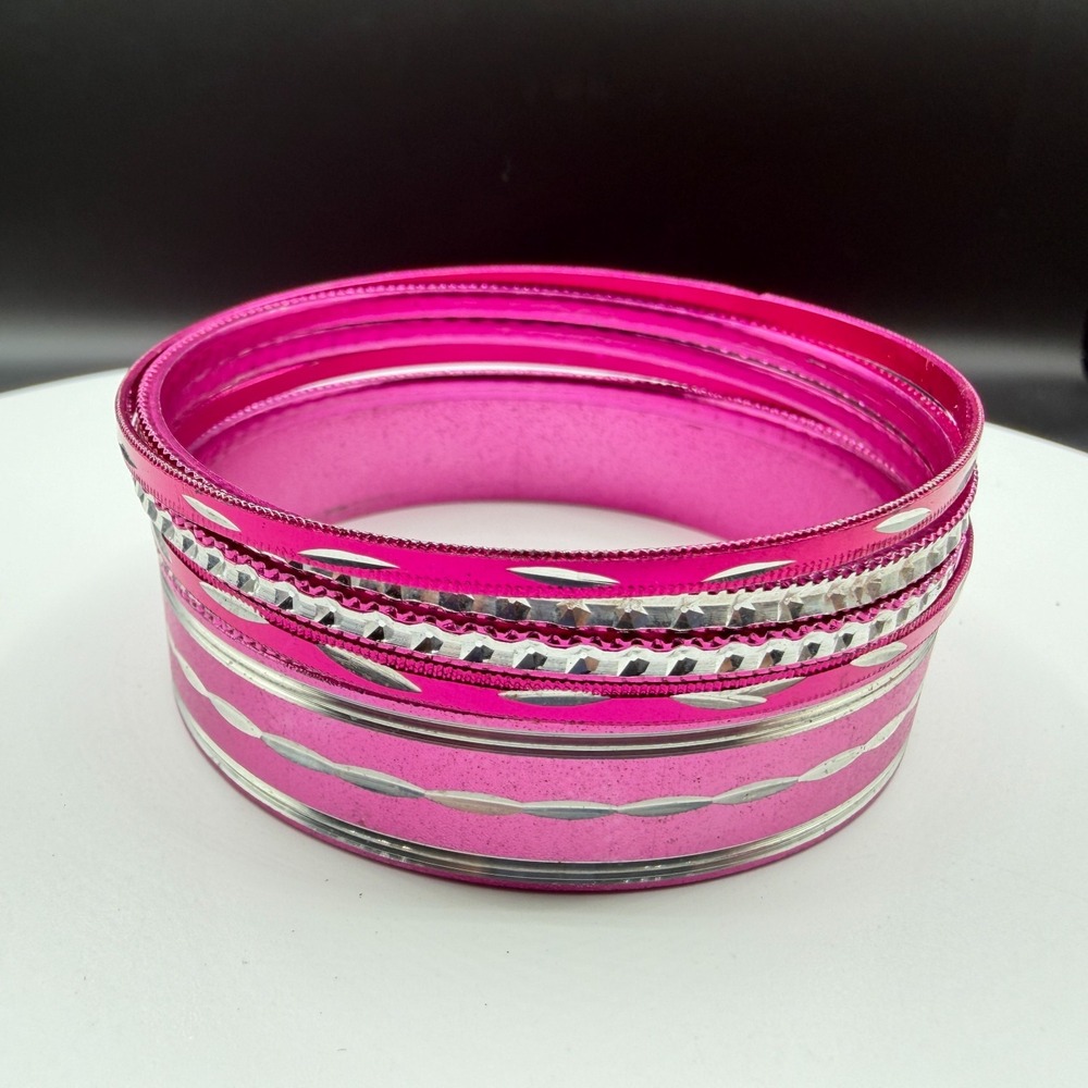 Pink Silver Tone Bangle Set Stack Glitter Boho Y2K Statement Festival Bracelet